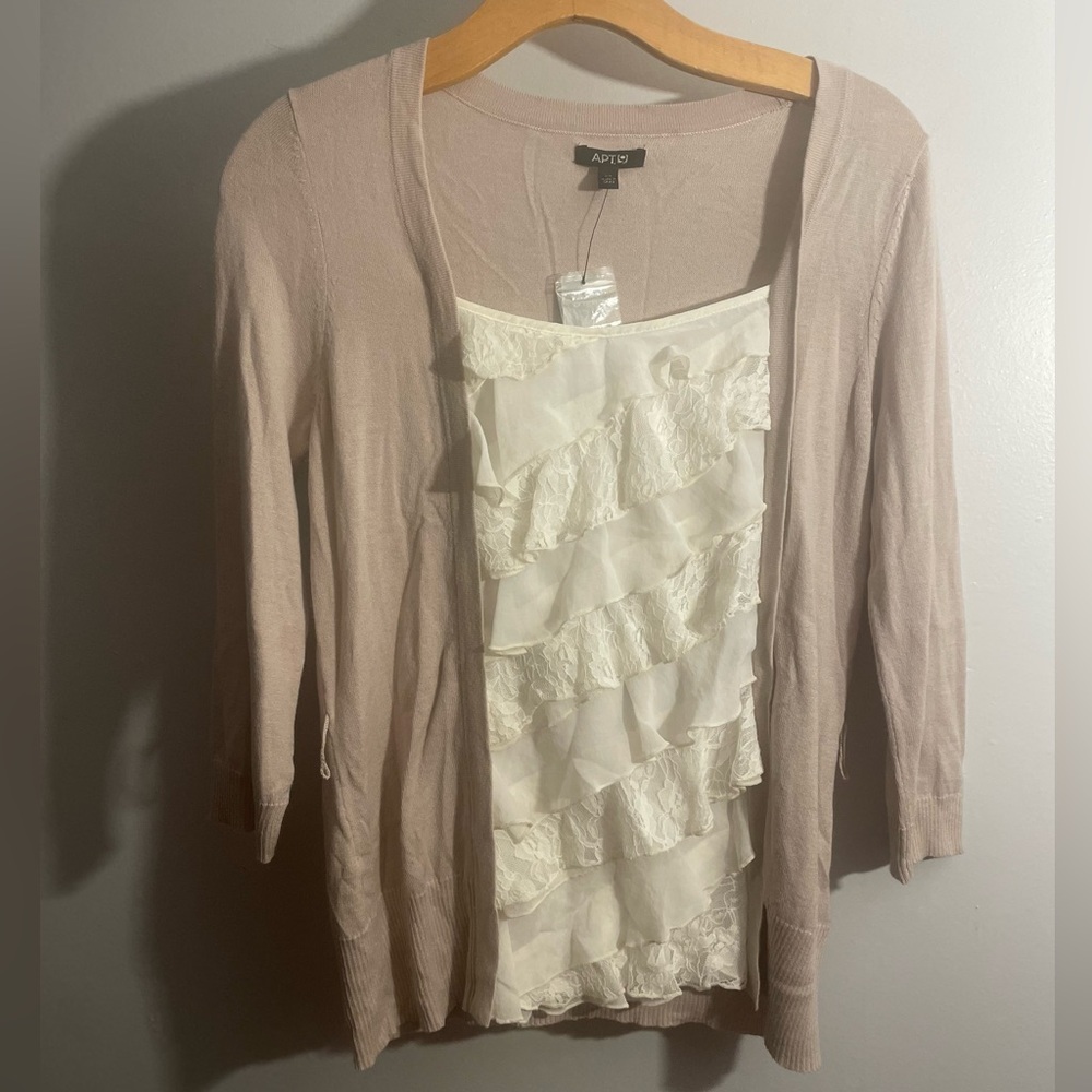 APT 9 taupe , cream ruffles blouse XS NWT
